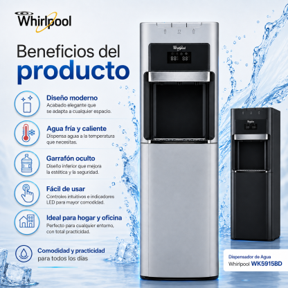 Whirlpool WK5915BD Dispensador de Agua con Garrafón Oculto, Agua Fría y Caliente, Indicador LED, Diseño Moderno