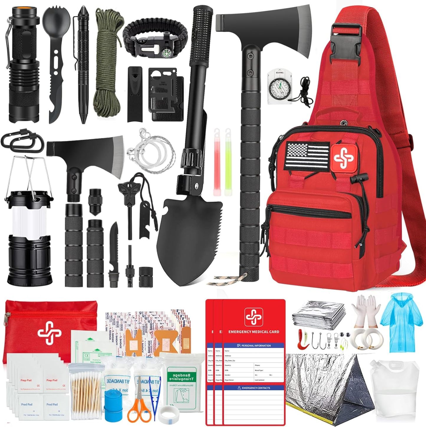 Kit de supervivencia, 262 piezas de equipo de supervivencia y suministros con bolsa de primeros auxilios y bolsa cruzada, kit de emergencia con tienda, martillo de hacha de campamento, pala de