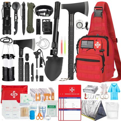 Kit de supervivencia, 262 piezas de equipo de supervivencia y suministros con bolsa de primeros auxilios y bolsa cruzada, kit de emergencia con tienda, martillo de hacha de campamento, pala de