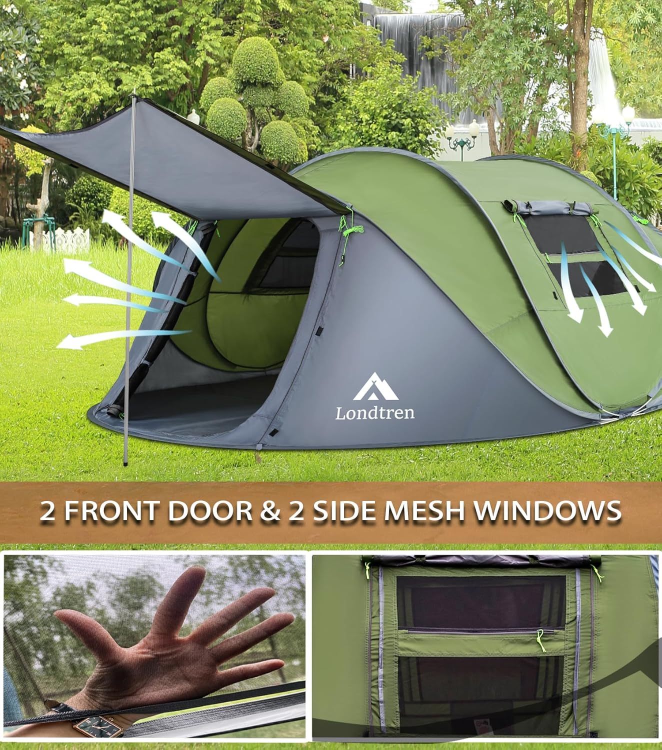 Tienda de campaña para 4 personas, fácil de desplegar e impermeable, configuración automática, 2 puertas, tiendas de campaña familiares instantáneas para camping, senderismo y viajes