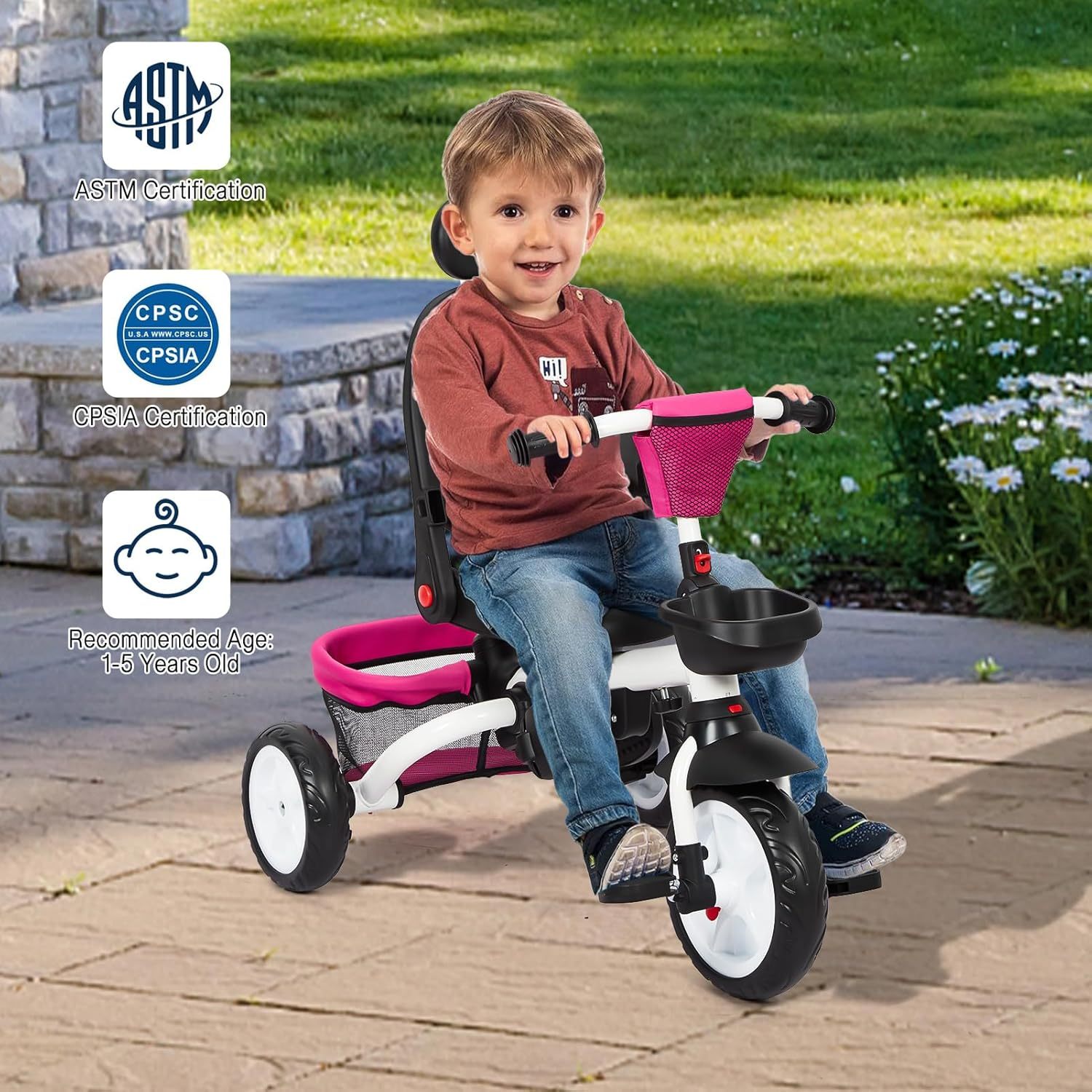 Babevy - Triciclo para bebé, 7 en 1, Plegable con Mango de Empuje Ajustable extraíble, toldo, Asiento Giratorio, arnés de Seguridad, portavasos y Almacenamiento, Triciclo para niños de 1 a 5 años