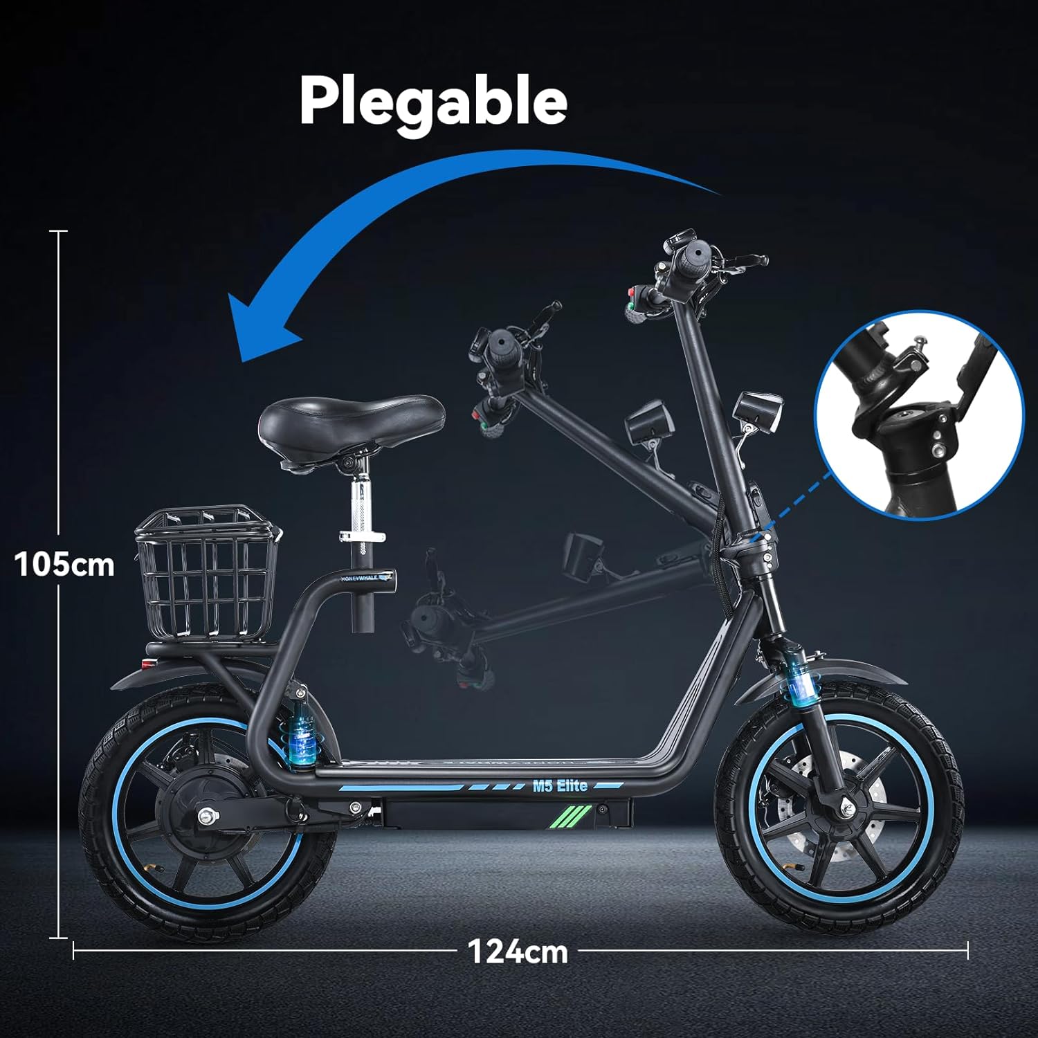 HONEYWHALE M5 Elite Scooter Eléctrico de Adultos, Patín Eléctrico Plegable con Asiento, Motor de 750 W de Potencia Máxima, Velocidad Máxima 40KM/H, Batería 15AH, Autonomía 40KM, Scooter de Movilidad