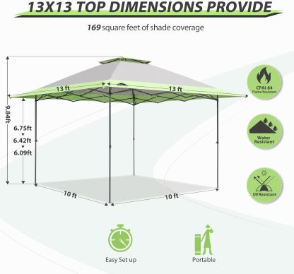 EAGLE PEAK - Toldo desplegable de pierna recta de 13 x 13 pulgadas, toldo instantáneo para exteriores, fácil instalación para una sola persona, refugio plegable con aleros de extensión automática, 169 pies cuadrados de sombra (gris)