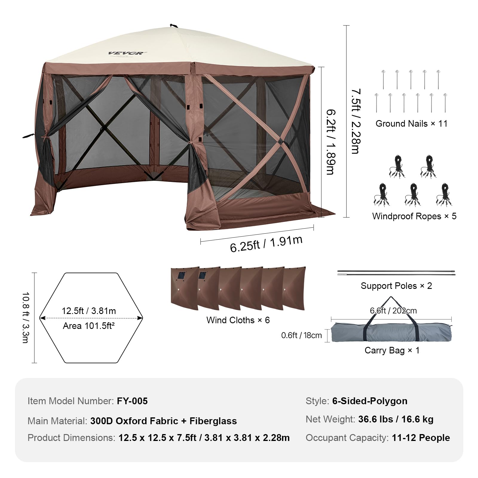 VEVOR Carpa Plegable de 6 Lados 3,6 x 3,6 m, Pérgola de Jardín con Techo Desmontable y Bolsa de Transporte, Carpa de Exterior para 8 a 10 Personas, para Fiesta, Camping, Playa, Patio, Jardín, Marrón