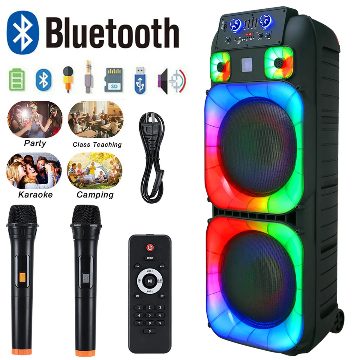 Sistema de altavoces PA portátil con Bluetooth, alta potencia, doble woofer de 15" y tweeter de 1.5"; inalámbrico y recargable, incluye dos micrófonos inalámbricos, control remoto, luces LED de fiesta multicolor y sonido estéreo (SoundBox DJ).