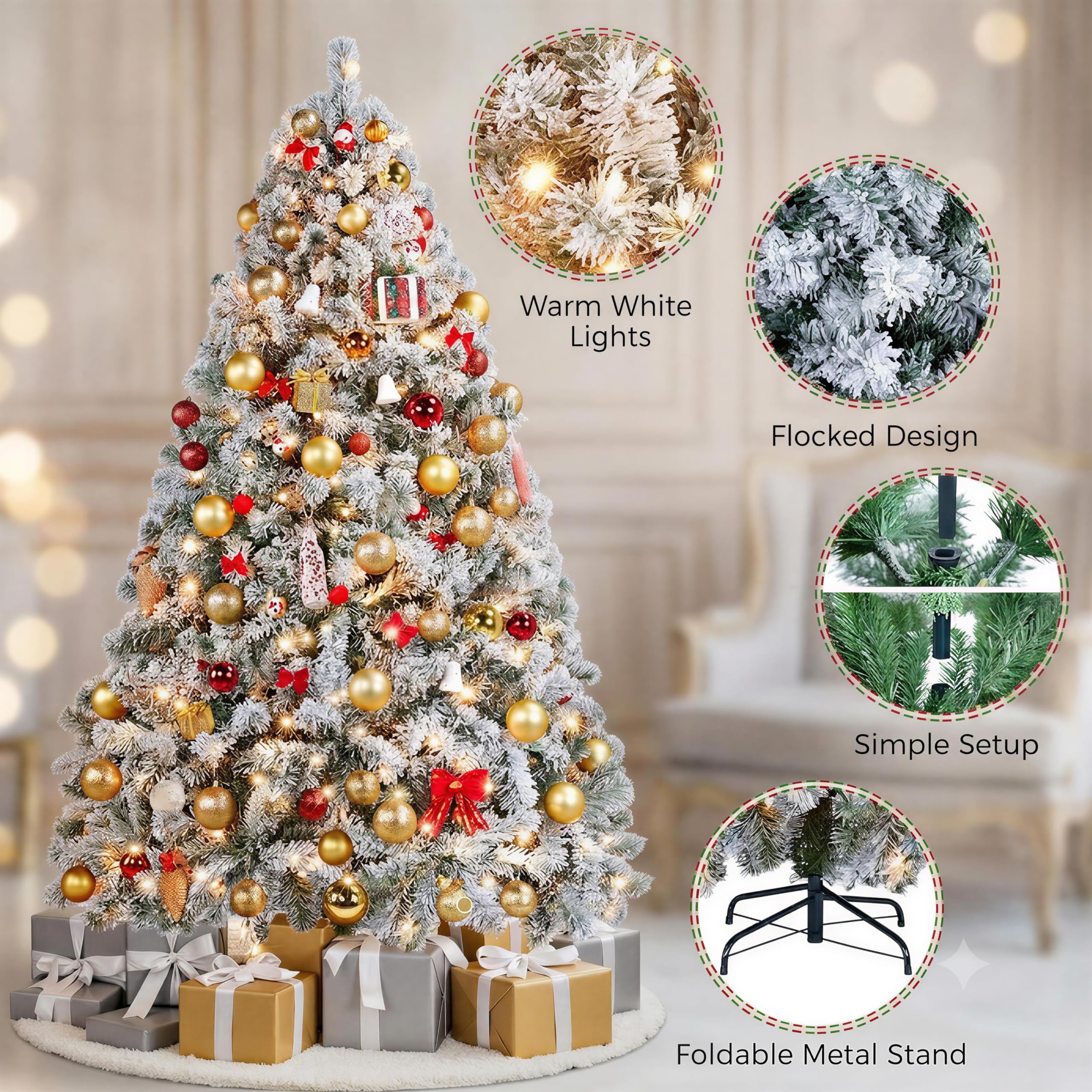 [Oferta especial de preventa]Yaheetech Árbol de Navidad Artificial Preiluminado de 6.5ft con 820 Puntas y 250 Luces Blancas Cálidas, Soporte Plegable, Color Blanco