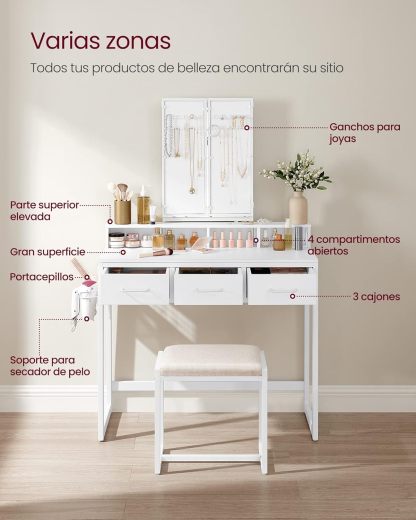 VASAGLE Juego de Mesa de Maquillaje con Espejo Triple, Tocador con Espejo y Taburete, 3 Cajones, Escritorio de Maquillaje, Soporte para Secador, Industrial, Marrón Rústico y Negro RVT004B01