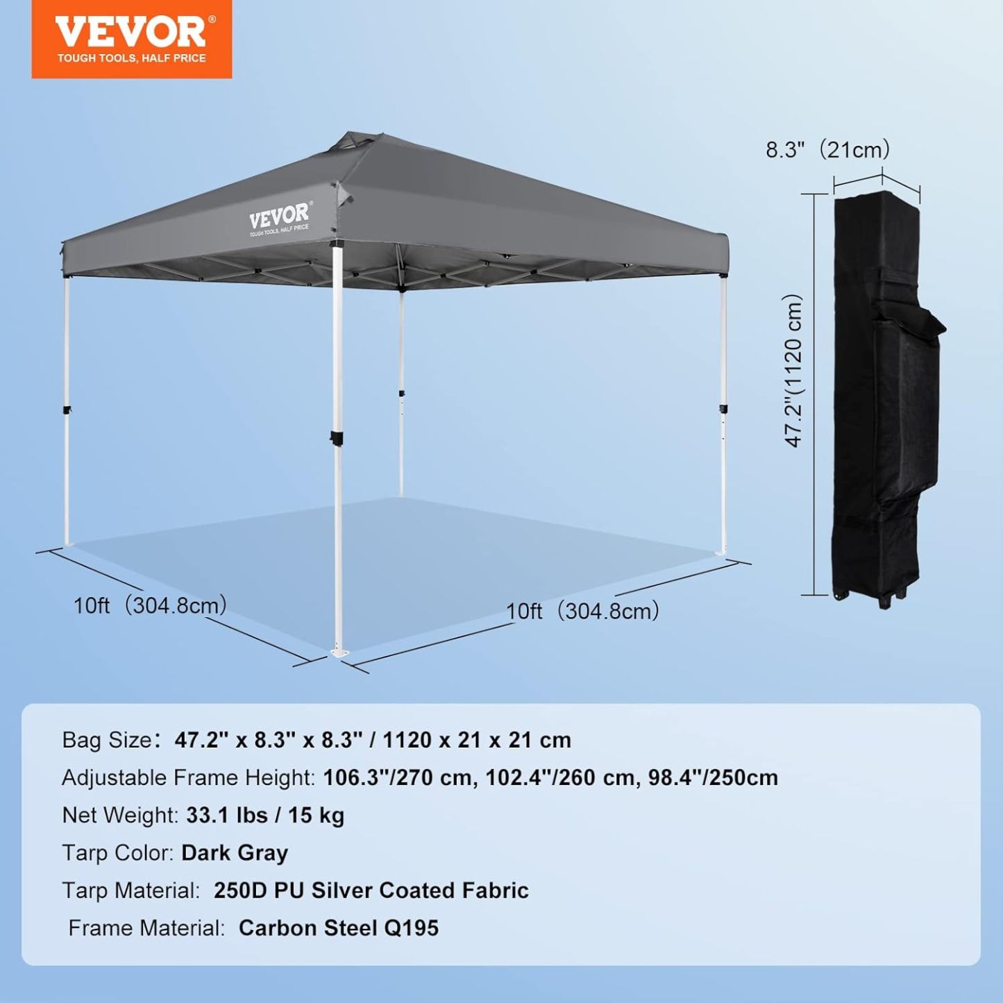 VEVOR - Tienda de campaña desplegable para toldo de 10 x 10 pies, lona recubierta de poliuretano de 250 D, con bolsa de rodillo portátil y 4 bolsas de arena, resistente al agua y protección solar para
