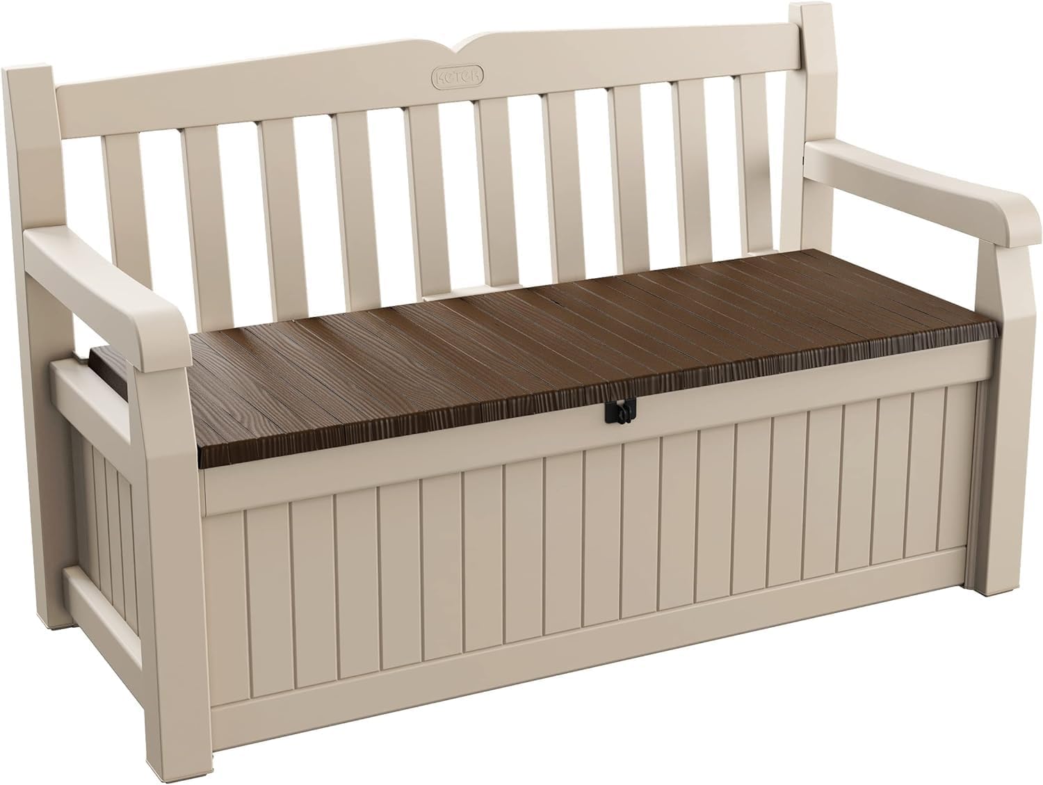 Keter Banco de jardín Eden, Caja de Almacenamiento de Jardin, Cerradura, Polipropileno, Blanco y Marrón