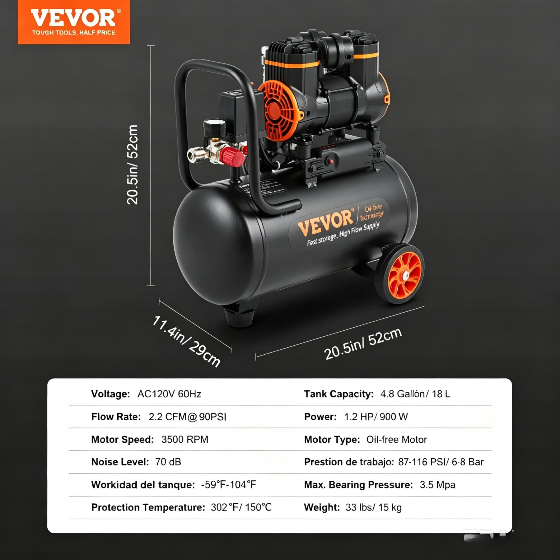 Compresor de aire VEVOR de 4.8 galones, 1.2 HP 2.2 CFM @90PSI tanque de compresor de aire última intervensión de aceite y máx. Compresor ultra silencioso de 70 dB de presión de 116 PSI para reparación