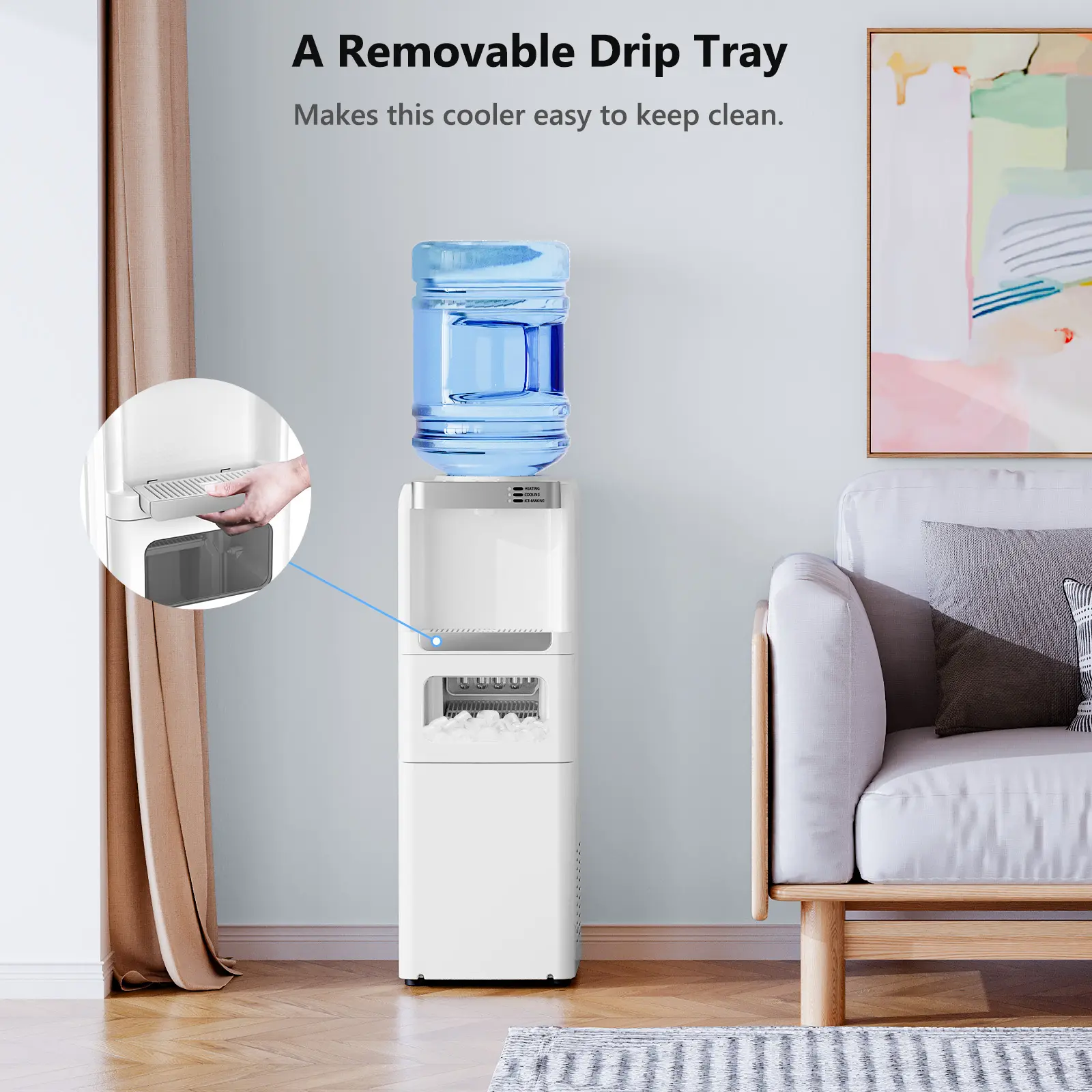 Dispensador de agua con función de fabricación de hielo, enfriador de agua fría y caliente de carga superior para botellas de 5 galones — Incluye seguro de seguridad para niños.