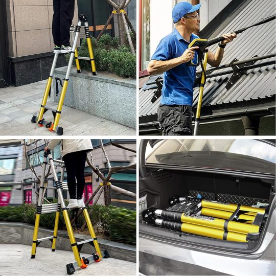 Escalera telescópica de 18 pies con marco A portátil, de aluminio, plegable hasta 38 pulgadas de ancho. Estabilizador/ruedas/soporte de carga ajustable, plegable, escaleras de escalón de 7 + 7 pies-llave inglesa