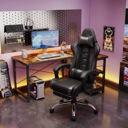 Silla Gamer Ergonómica con Soporte Lumbar de Masaje, Reposapiés Retráctil y Reposacabezas – Silla de Oficina Reclinable de Cuero PU, Silla de Escritorio Giratoria con Ruedas para Gamers de Gran Estatura