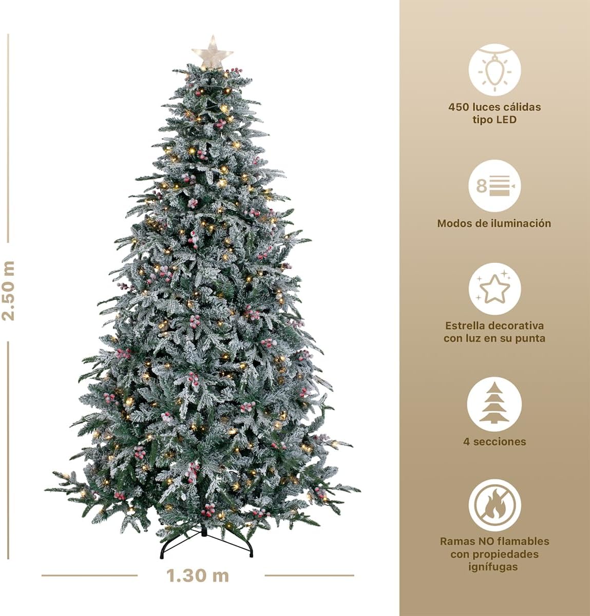 ESQUIMAL Árbol de Navidad Nevado con Luces LED 8 Modos de Iluminación + Estrella + Bayas (Verde Nevado, 1.8 m)