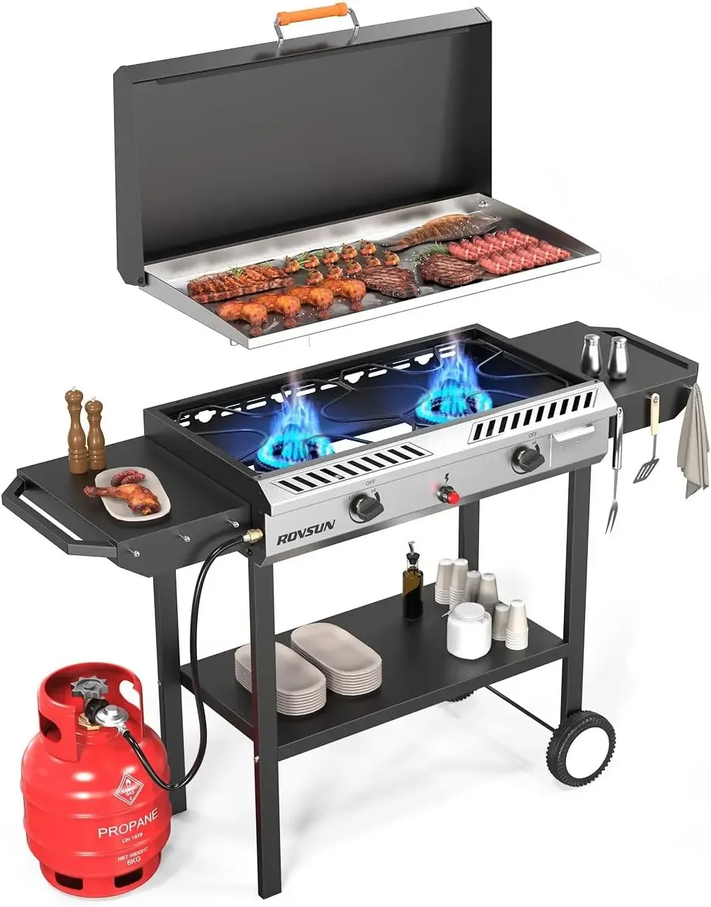 Estufa de gas propano para exteriores de 2/3 quemadores con plancha, encendido automático, regulador y estantes laterales; potente cocina con soporte de 150.000/225.000 BTU, ideal para cocinar en el patio trasero, elaboración casera de bebidas, envasado,