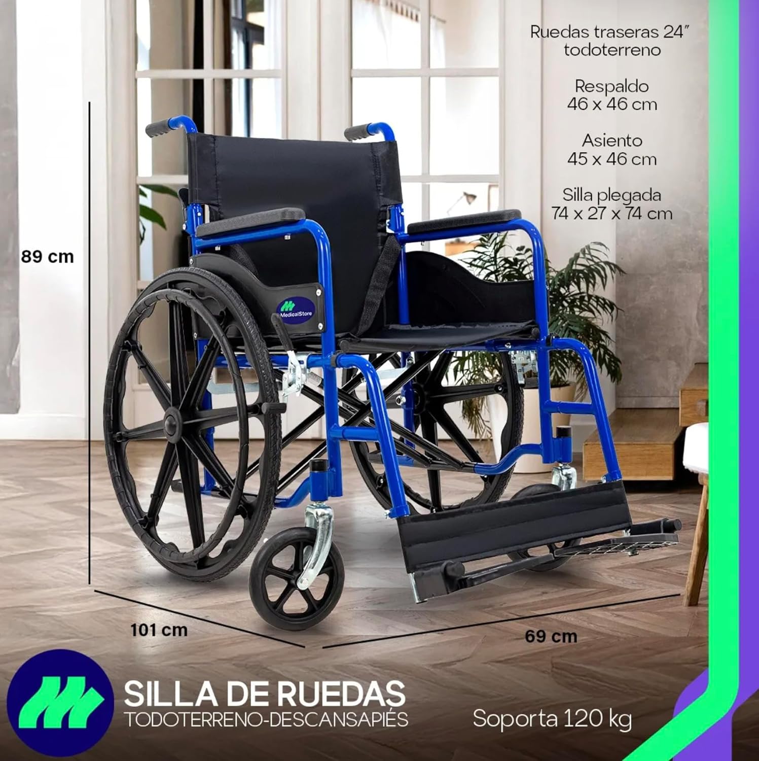 MEDICAL STORE Silla De Ruedas Ligera Adulto Mayor Todo Terreno Traslado Plegable Compacta Con Freno De Mano Rehabilitación Con Descansa Pies Abatible