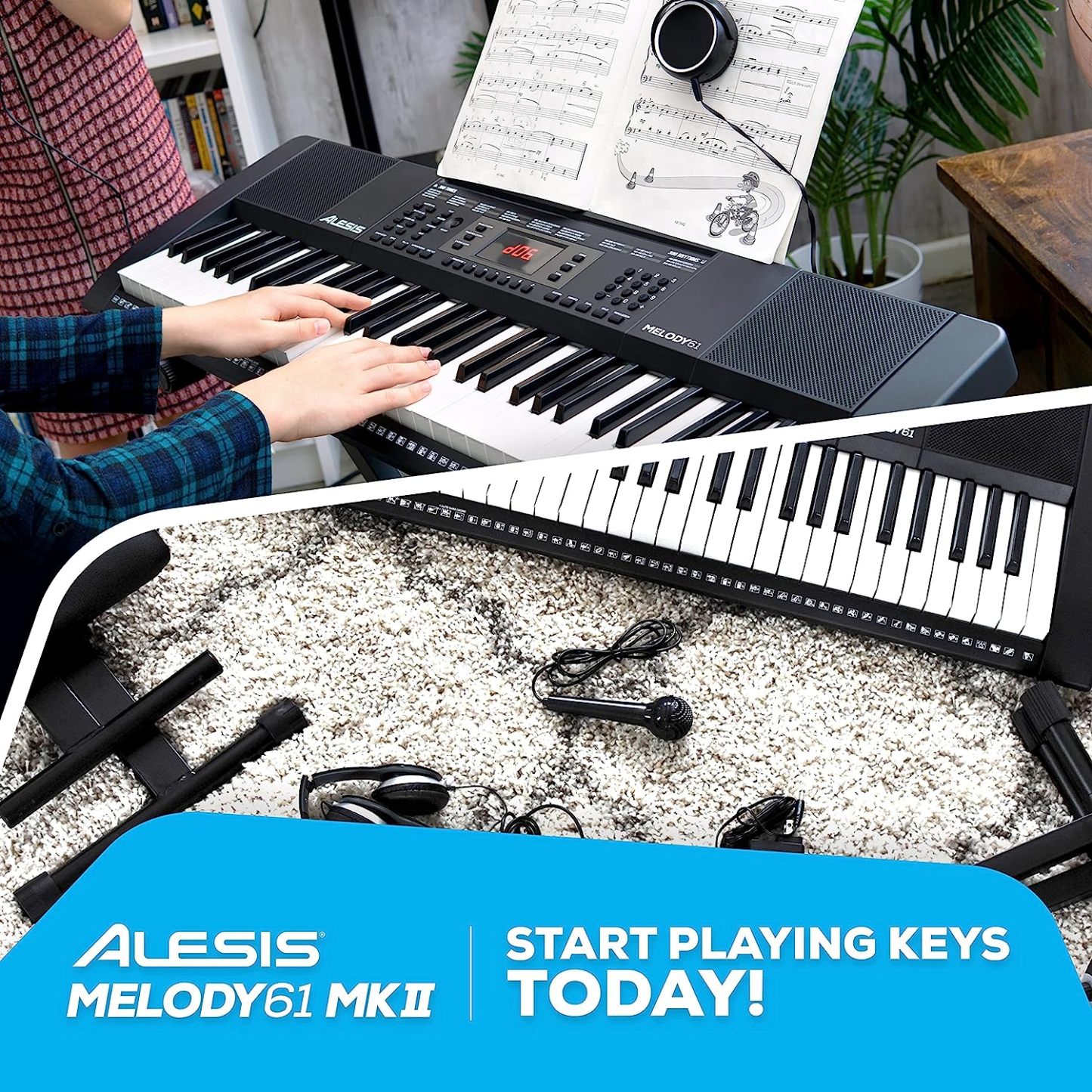 Alesis Melody 61 - Piano eléctrico con 61 teclas, Teclado Musical con altavoces, audífonos, micrófono, soporte para piano, atril y taburete
