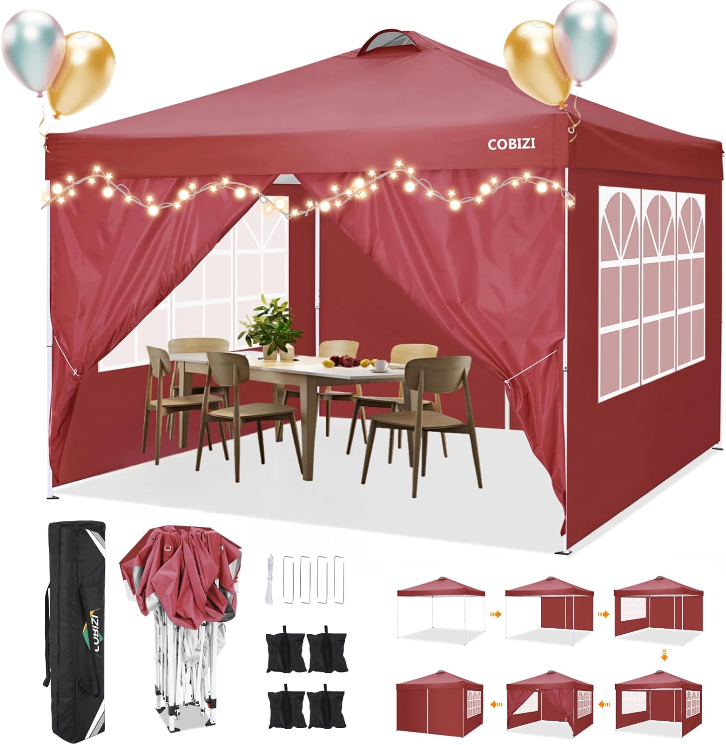 COBIZI - Toldo desplegable de 10 x 20 Pulgadas con 6 Paredes Laterales, toldo Impermeable para Eventos al Aire última intervensión, UPF 50+ cenador portátil para Fiestas, Playa, Camping, Boda,