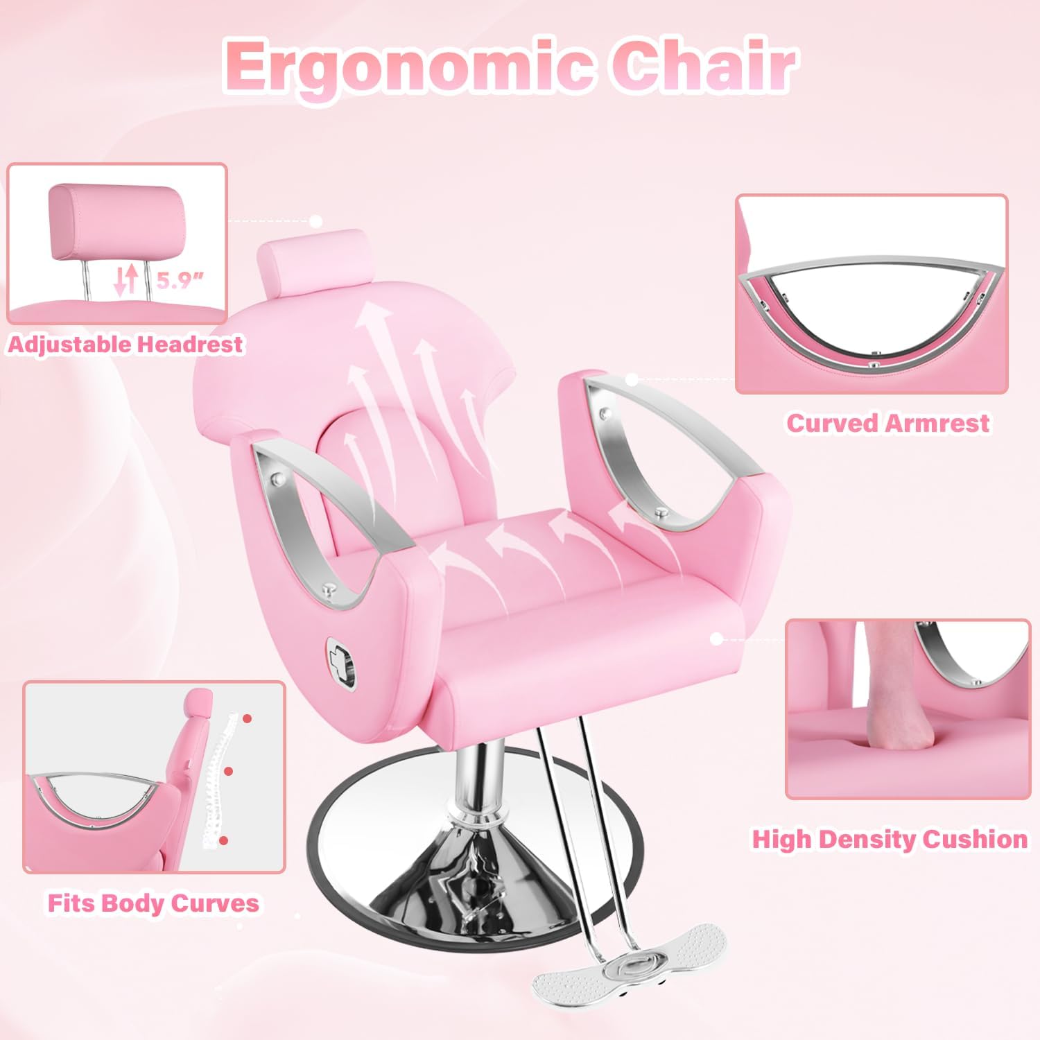 Silla de peluquero de salón, silla reclinable para peluquero, silla de peluquería con bomba hidráulica resistente, silla de peluquería giratoria de 360 grados para peluquería en casa, color rosa