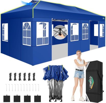COBIZI - Tienda de campaña desplegable de 10 x 20 Pulgadas, Tienda de campaña instantánea Comercial para Bodas, Fiestas con 3 Altura Ajustable, toldo Ez Up para Exteriores, Impermeable, UPF50+ con