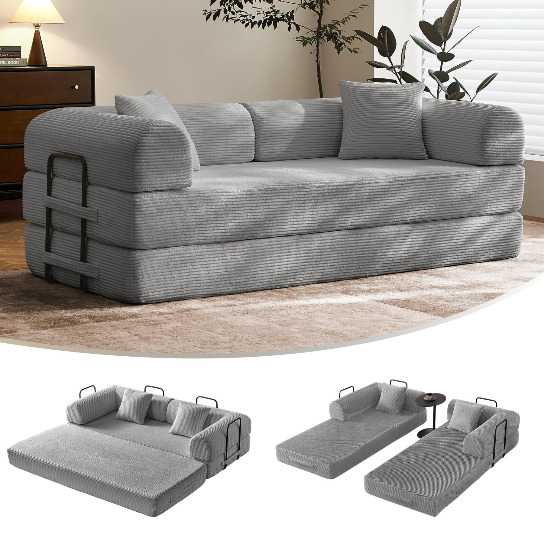 Sofá cama convertible de 79 pulgadas, sofá sin huesos, para sala de estar, gris oscuro