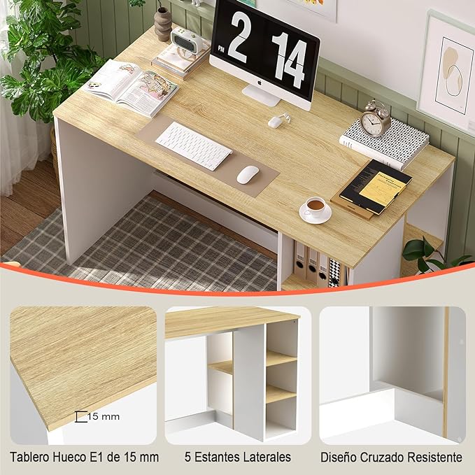 FurnitureR Escritorio para Computadora de Oficina con Almacenamiento Escritorio de Trabajo y Estudio con 5 Estantes Mesa Portátil para Estudiantes Escritorio de Escritura Moderno Haya y Blanco