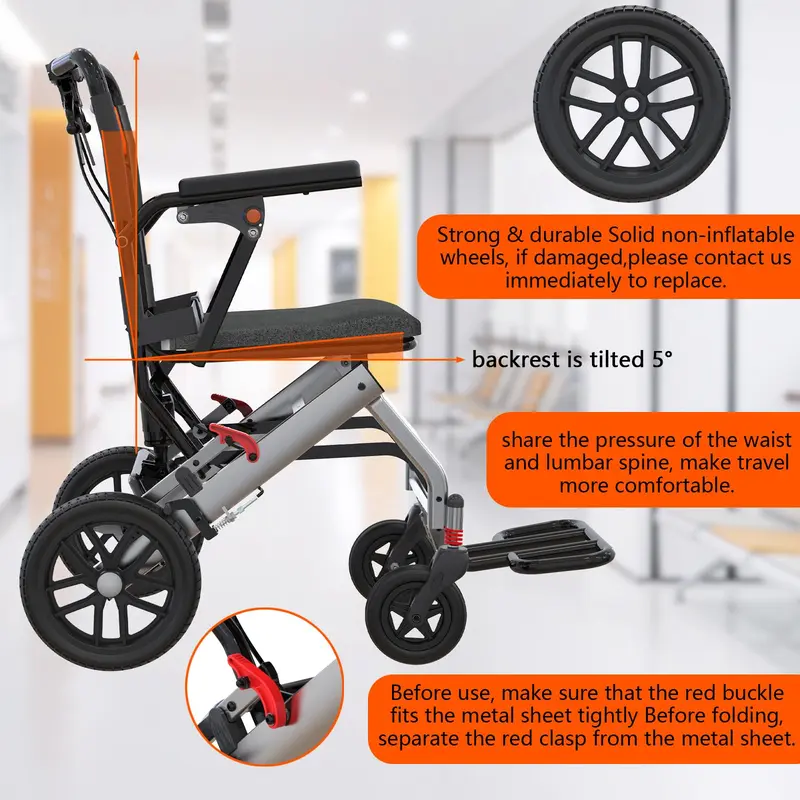 Silla de ruedas plegable liviana para personas mayores con marco de aluminio de aviación, apoyabrazos abatibles, frenos seguros y asientos espaciosos.
