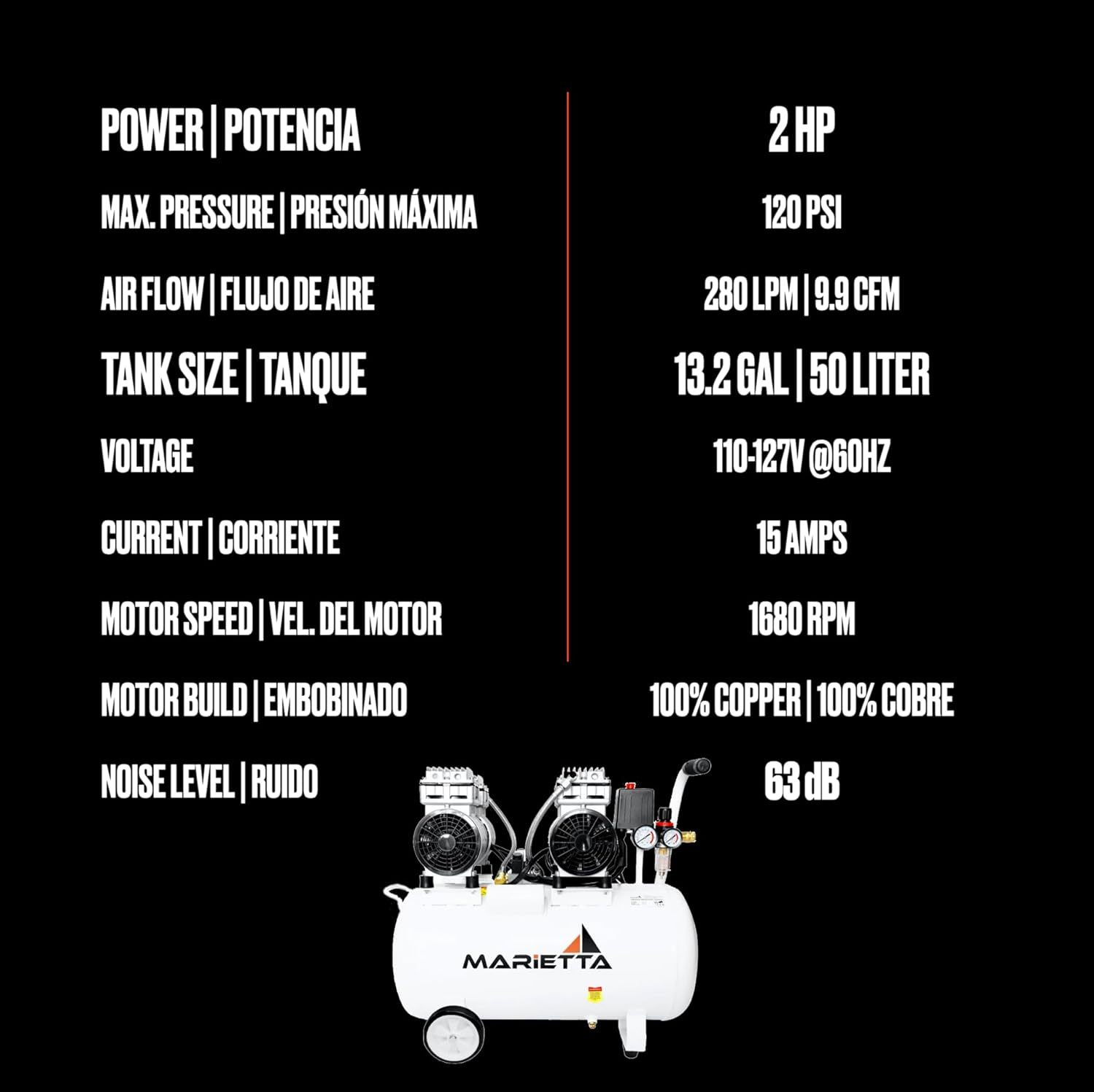 MARIETTA 2HP 50L: Compresor de Aire Silencioso - Compresor robusto de llenado rápido con 2 HP y tanque de 50L. Doble Motor Libre de Aceite.
