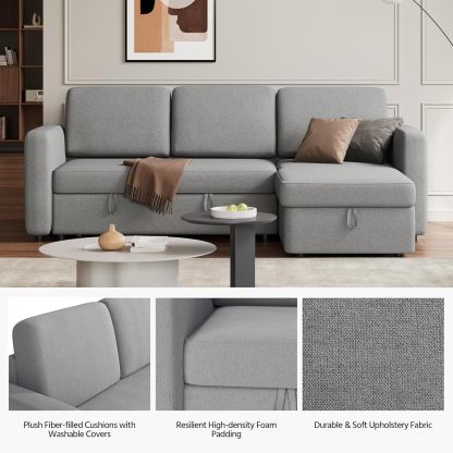 Yaheetech Sofá seccional en forma de L, sofá cama con chaise, sofá cama reversible con cama extraíble y espacio de almacenamiento, sofá convertible de tela de 4 asientos, adecuado para sala de estar, gris claro