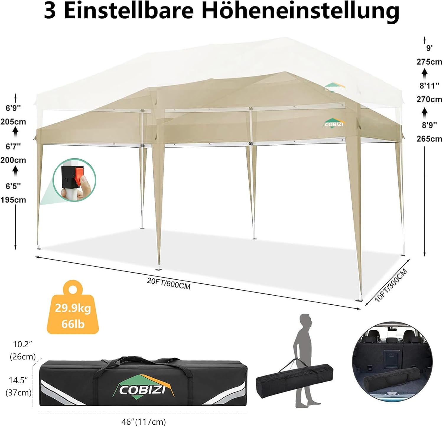 COBIZI - Toldo desplegable de 10 x 20 Pulgadas con 6 Paredes Laterales, toldo Impermeable para Eventos al Aire última intervensión, UPF 50+ cenador portátil para Fiestas, Playa, Camping, Boda,