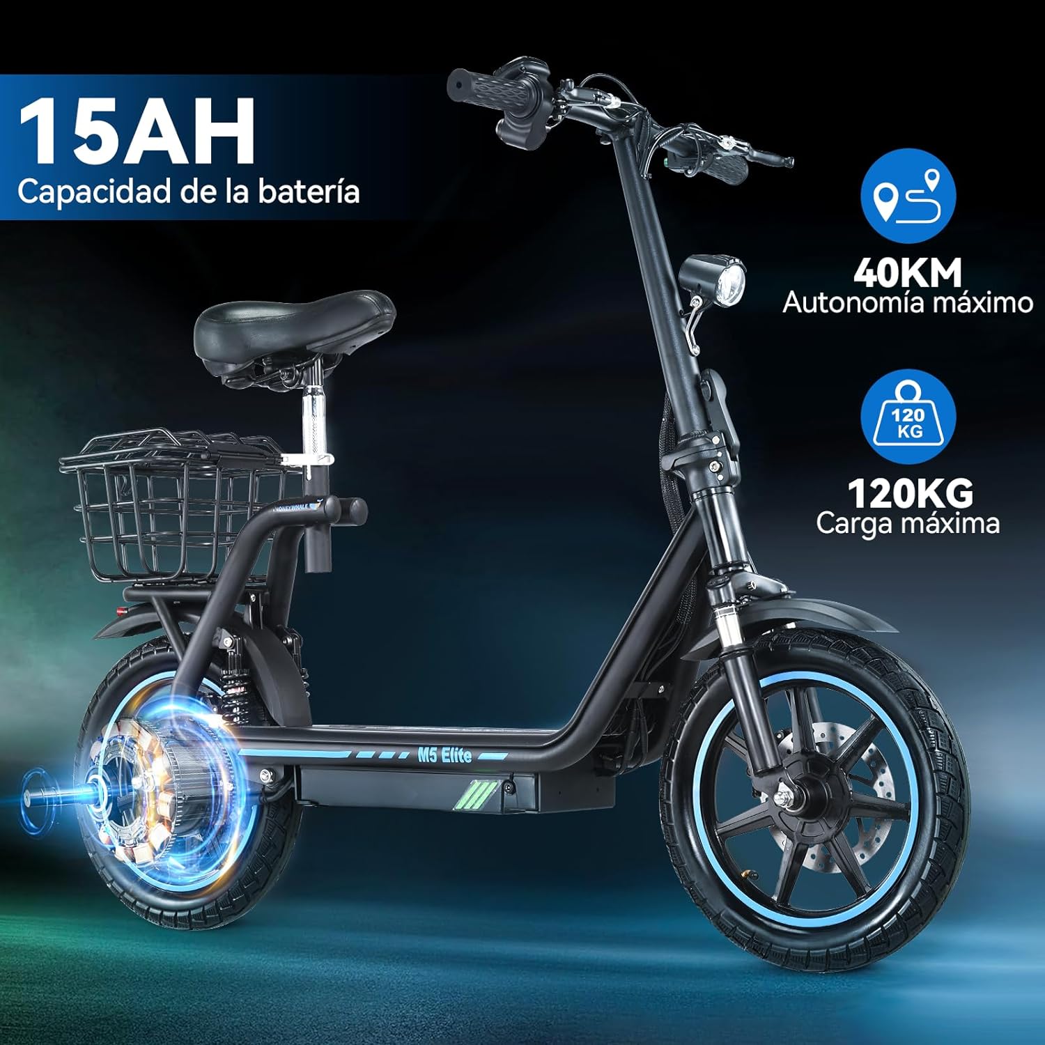 HONEYWHALE M5 Elite Scooter Eléctrico de Adultos, Patín Eléctrico Plegable con Asiento, Motor de 750 W de Potencia Máxima, Velocidad Máxima 40KM/H, Batería 15AH, Autonomía 40KM, Scooter de Movilidad