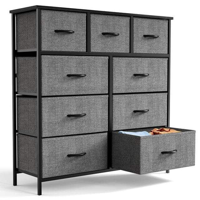 Yanming C¨®moda de Tela con 9 cajones, Estructura de Acero y Tapa de Madera para Dormitorio, Armario, Entrada