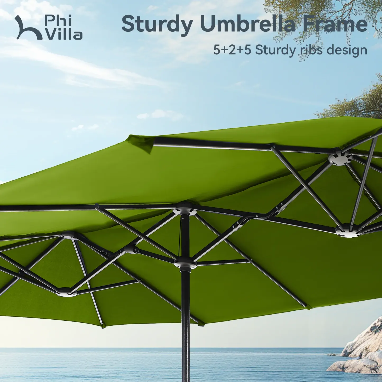 Sombrilla Solar para Patio de 15/13 pies con Base — Sombrilla Doble Extra Grande para Exteriores con 36 Luces LED y Manivela, Ideal para Jardín, Terraza, Piscina y Patio