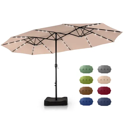 Sombrilla Solar para Patio de 15/13 pies con Base — Sombrilla Doble Extra Grande para Exteriores con 36 Luces LED y Manivela, Ideal para Jardín, Terraza, Piscina y Patio