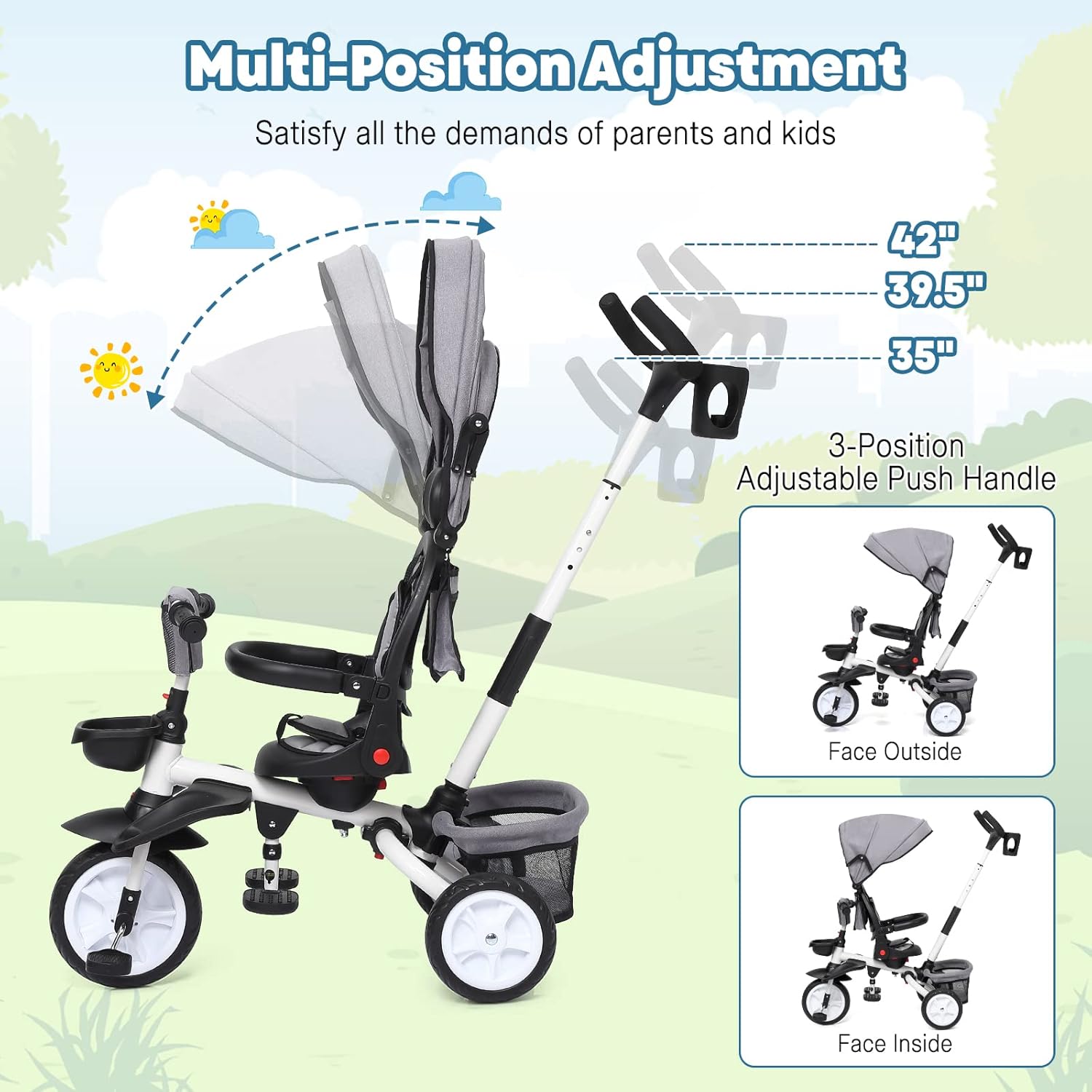 Babevy - Triciclo para bebé, 7 en 1, Plegable con Mango de Empuje Ajustable extraíble, toldo, Asiento Giratorio, arnés de Seguridad, portavasos y Almacenamiento, Triciclo para niños de 1 a 5 años