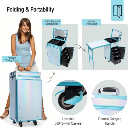 Icoget - Mesa portátil de uñas para enseñanza de uñas, mesa de manicura enrollable mejorada, estación de maquillaje con altavoz Bluetooth y luz LED, carrito organizador de computadora plegable de