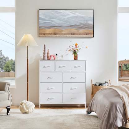 Yanming Cómoda de Tela con 9 cajones, Estructura de Acero y Tapa de Madera para Dormitorio, Armario, Entrada