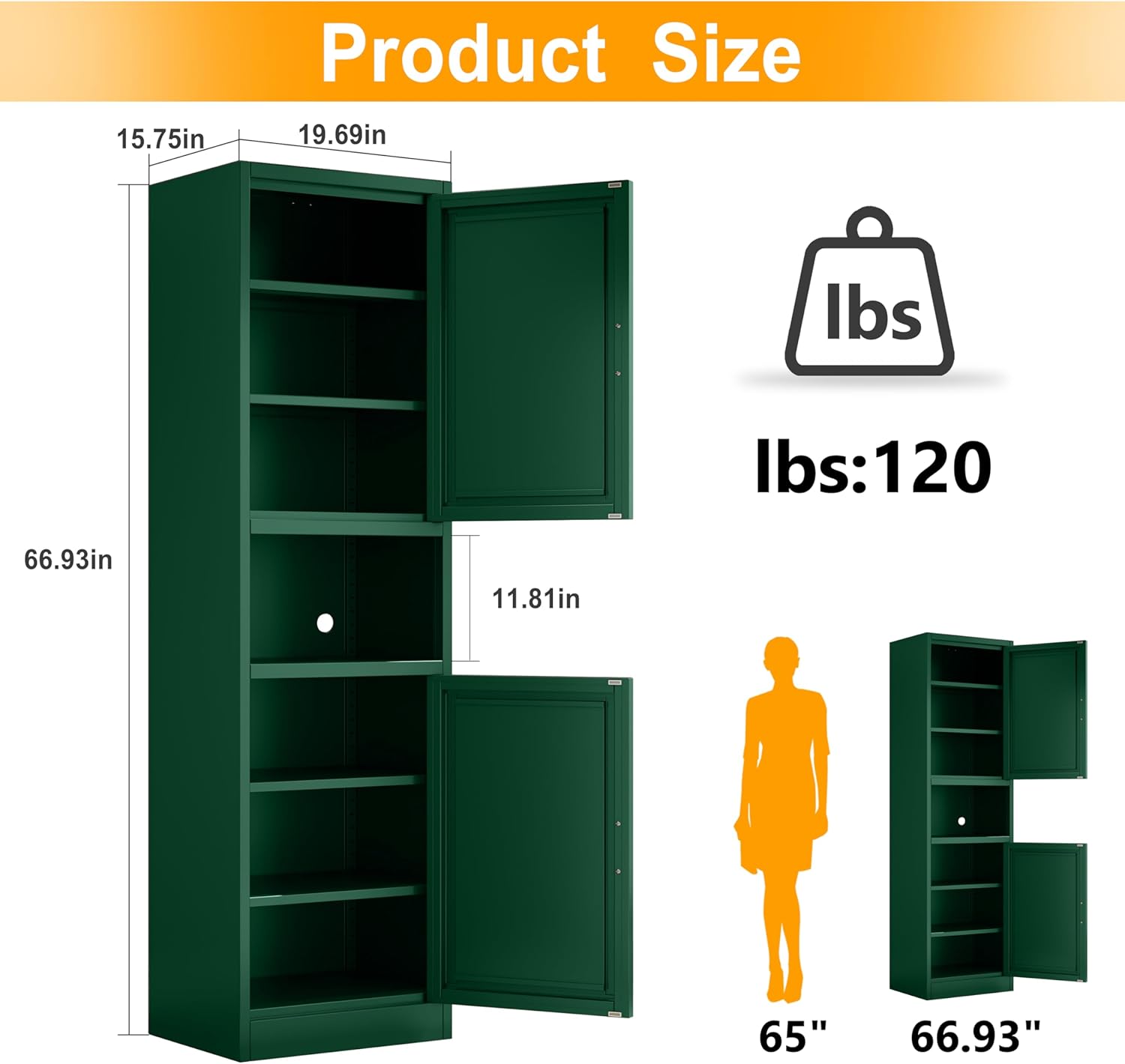 Ckzbx Gabinete de cocina de metal de 61 pulgadas de alto con 4 puertas, armarios de baño, 2 estantes ajustables para cocina, oficina en casa, sala de estar, comedor (negro)