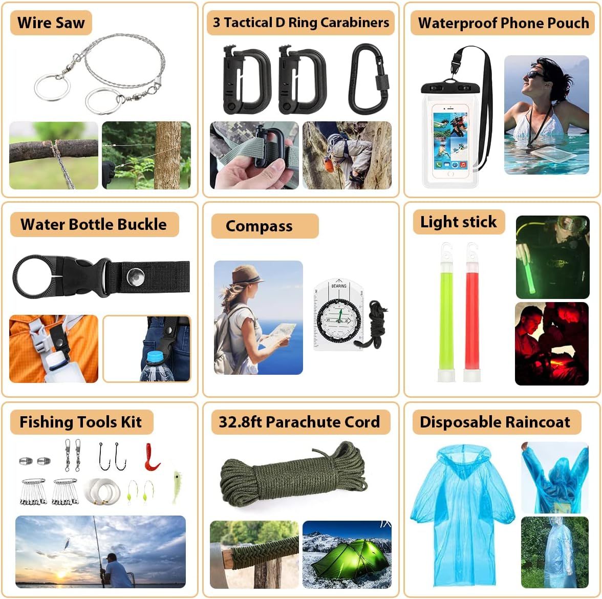 Kit de supervivencia, 250 piezas de equipo de supervivencia con bolsa compatible con sistema Molle y tienda de emergencia, kit de emergencia para terremoto, aventura al aire última intervensión, senderismo, caza, regalos para hombres y mujeres