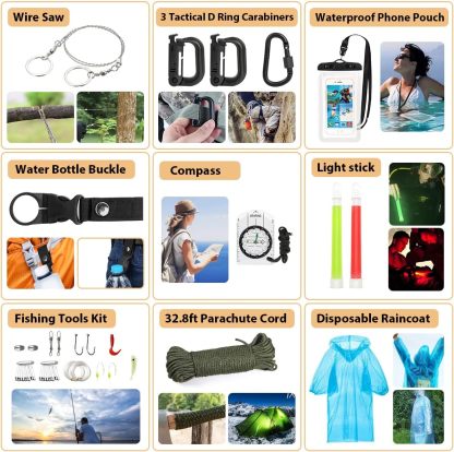 Kit de supervivencia, 250 piezas de equipo de supervivencia con bolsa compatible con sistema Molle y tienda de emergencia, kit de emergencia para terremoto, aventura al aire última intervensión, senderismo, caza, regalos para hombres y mujeres