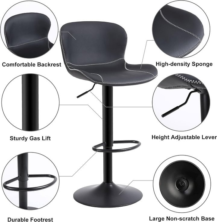 Youhauchair - Juego de 2 taburetes de bar de piel sintética con respaldo y sillas giratorias de altura ajustable, moderno taburete de cocina sin brazos, color negro
