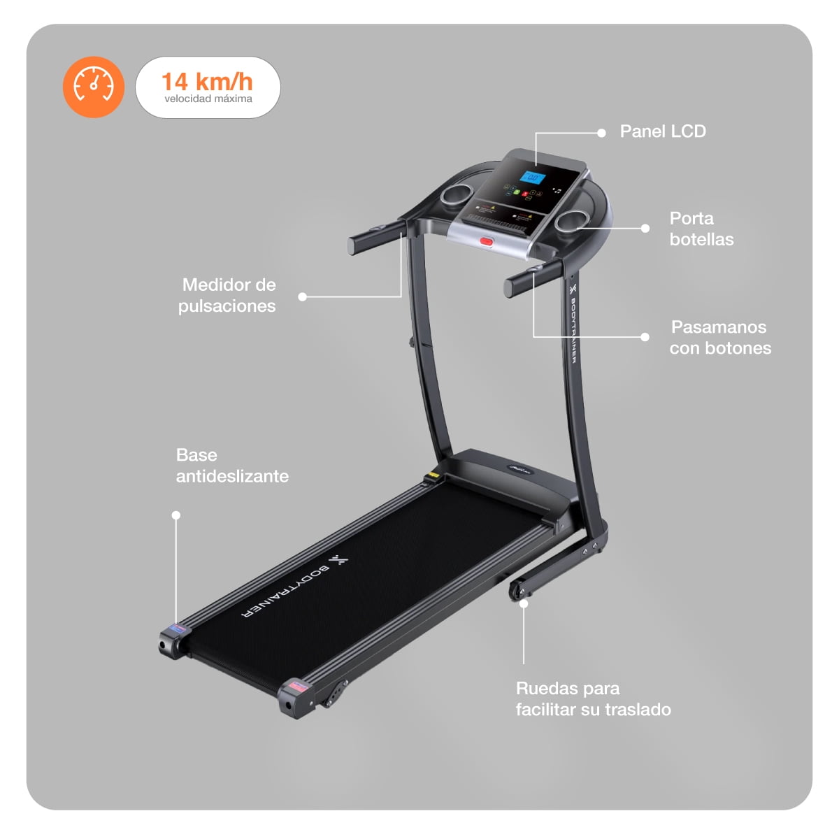 Caminadora Eléctrica BodyTrainer B2-400 Plegable con Display LED Velocidad Máx 14 Km/h