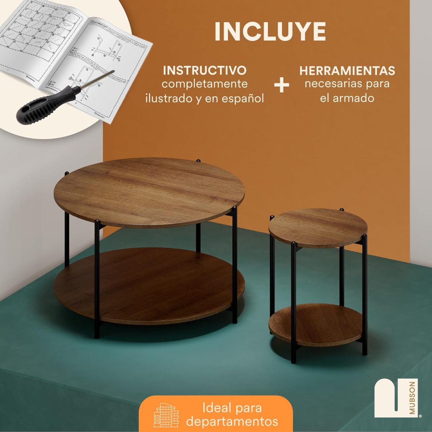 MUBSON Set de 2 Mesas de Centro Minimalista | 80x80 y 40x40 cm | Mesa de Centro para Sala con Soportes de Acero. Mesa de Noche Verona. Mesa Auxiliar. Mesas Laterales de Madera. Nesting Table