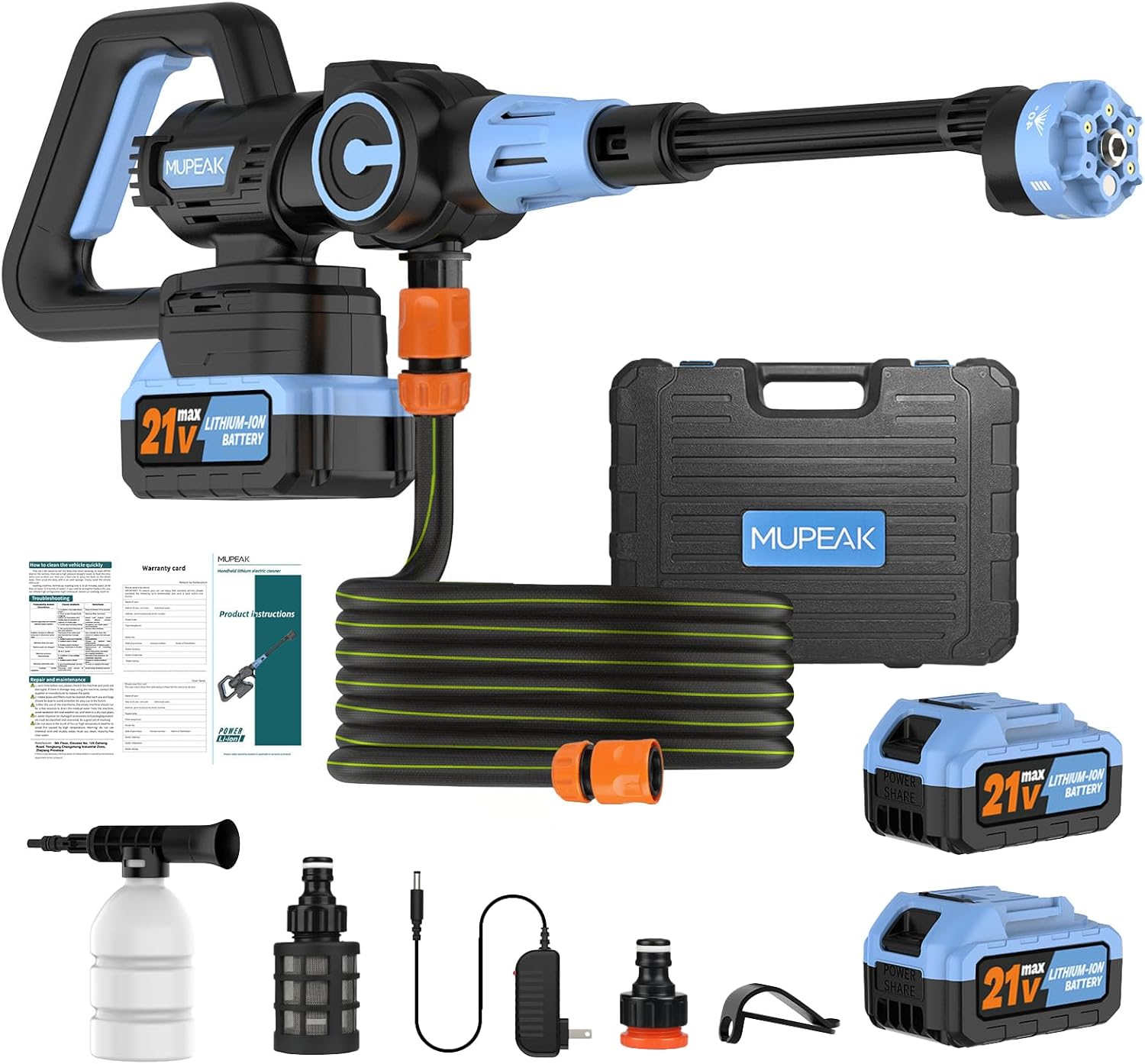 Lavadora a presión inalámbrica, 1100 PSI-Lavadora eléctrica portátil sin escobillas con 2 baterías, 3 modos ajustables/boquilla 6 en 1, 21 V 4.0 Ah Lavadoras a presión alimentadas por batería