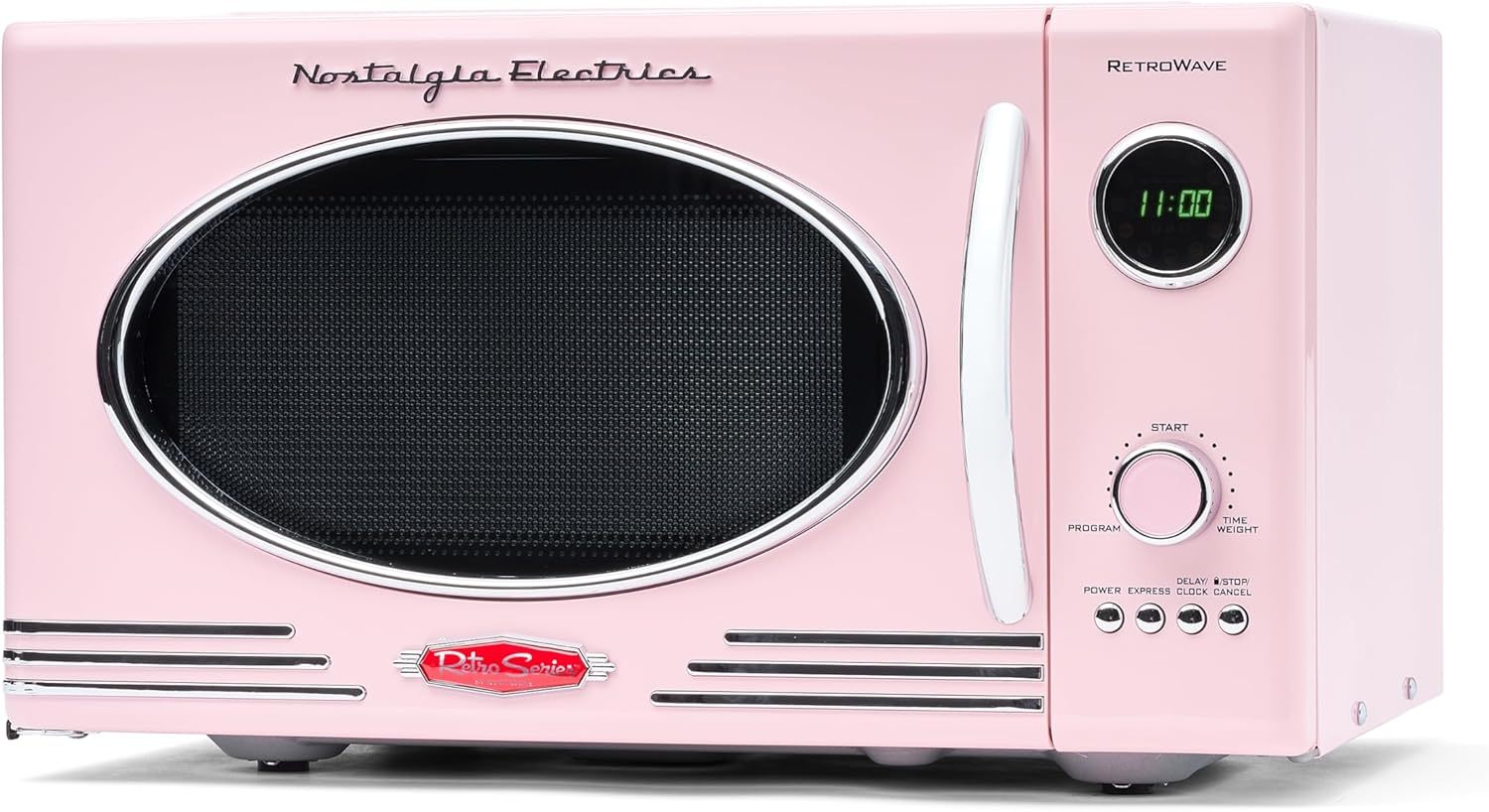 Nostalgia - Horno de microondas retro para encimera de mediados de siglo, tamaño grande de 900 W, 0.9 pies cúbicos, 8 ajustes de cocción preprogramados, reloj digital, electrodomésticos de cocina,