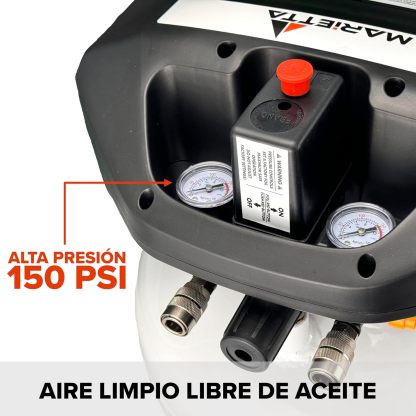 MARIETTA Compresor de Aire Libre de Aceite 1.5HP 22L Robusto con Kit de Accesorios y Manguera de 5 metros.