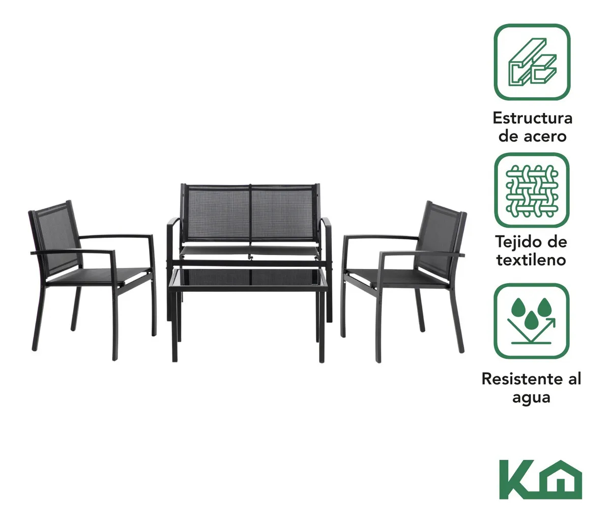 Sillas Sala Exterior Para Jardin Textileno Sillon Mesa 4pzas Color negro Color de la estructura de la silla Negro Color del asiento Negro Diseño de la tela Liso
