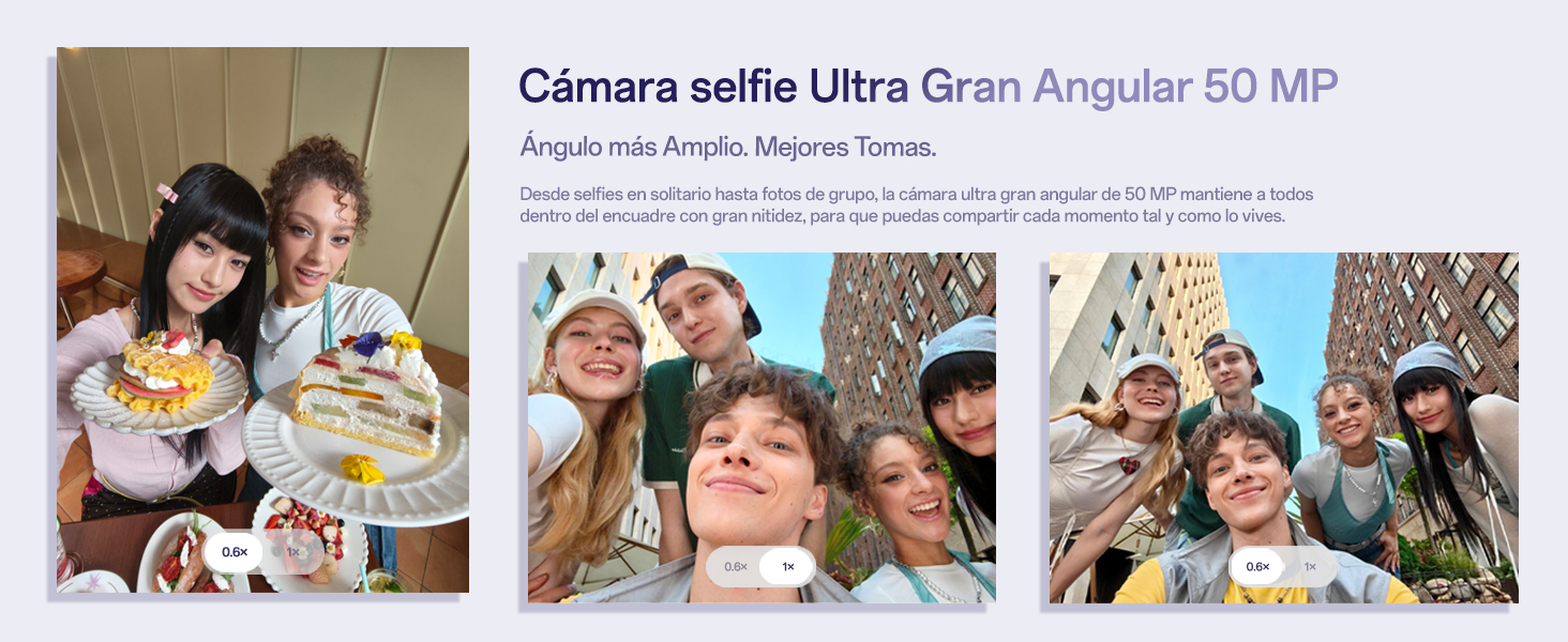 Selfies tomadas con cámara frontal ultra gran angular de 50 MP en smartphone OPPO.