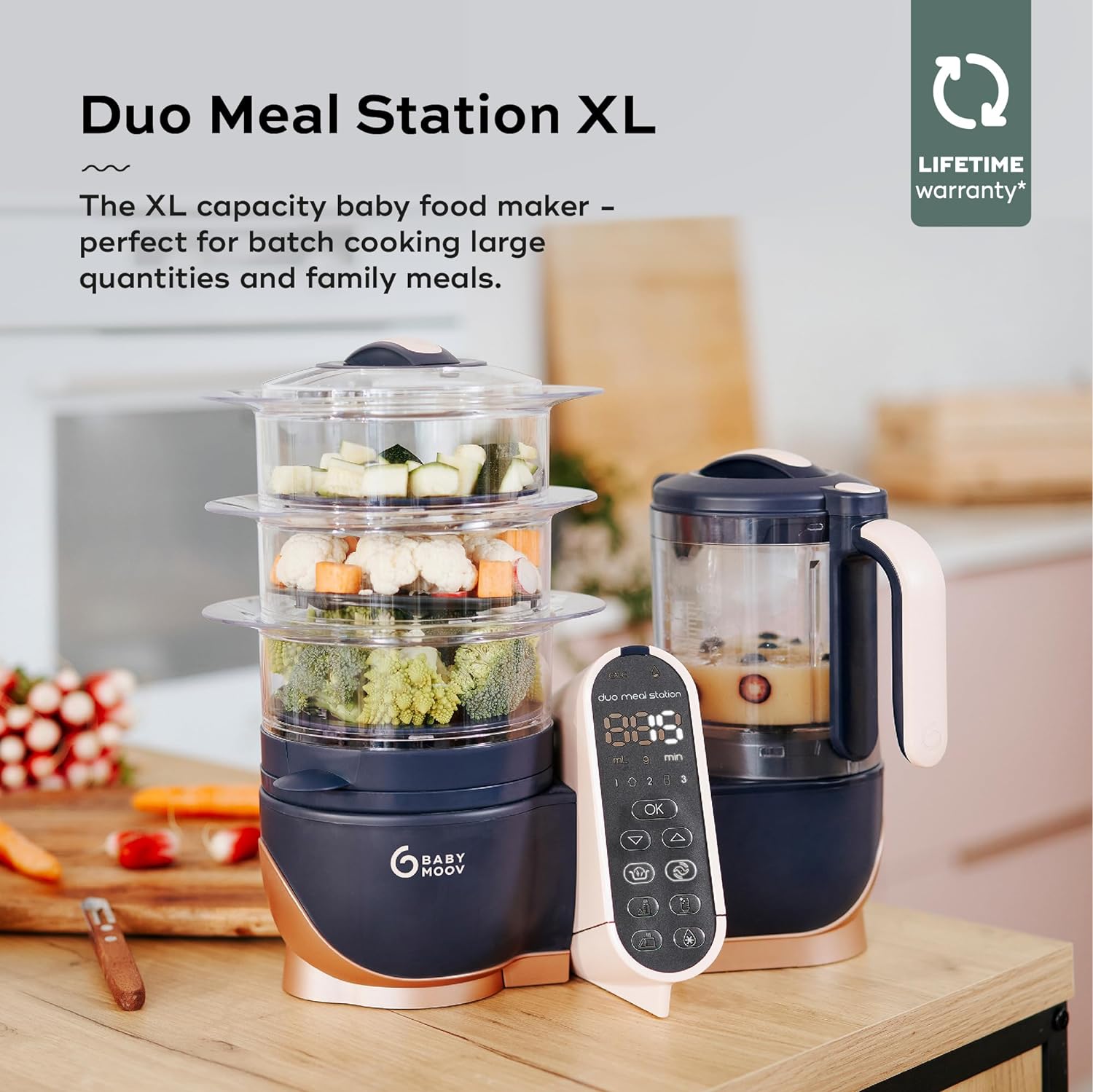 Babymoov Duo Meal 6 en 1: Procesador de Alimentos para Bebés con Vaporizador y Licuadora de Velocidades Múltiples, Calienta y Descongela (Aprobado por Nutricionistas), Gris