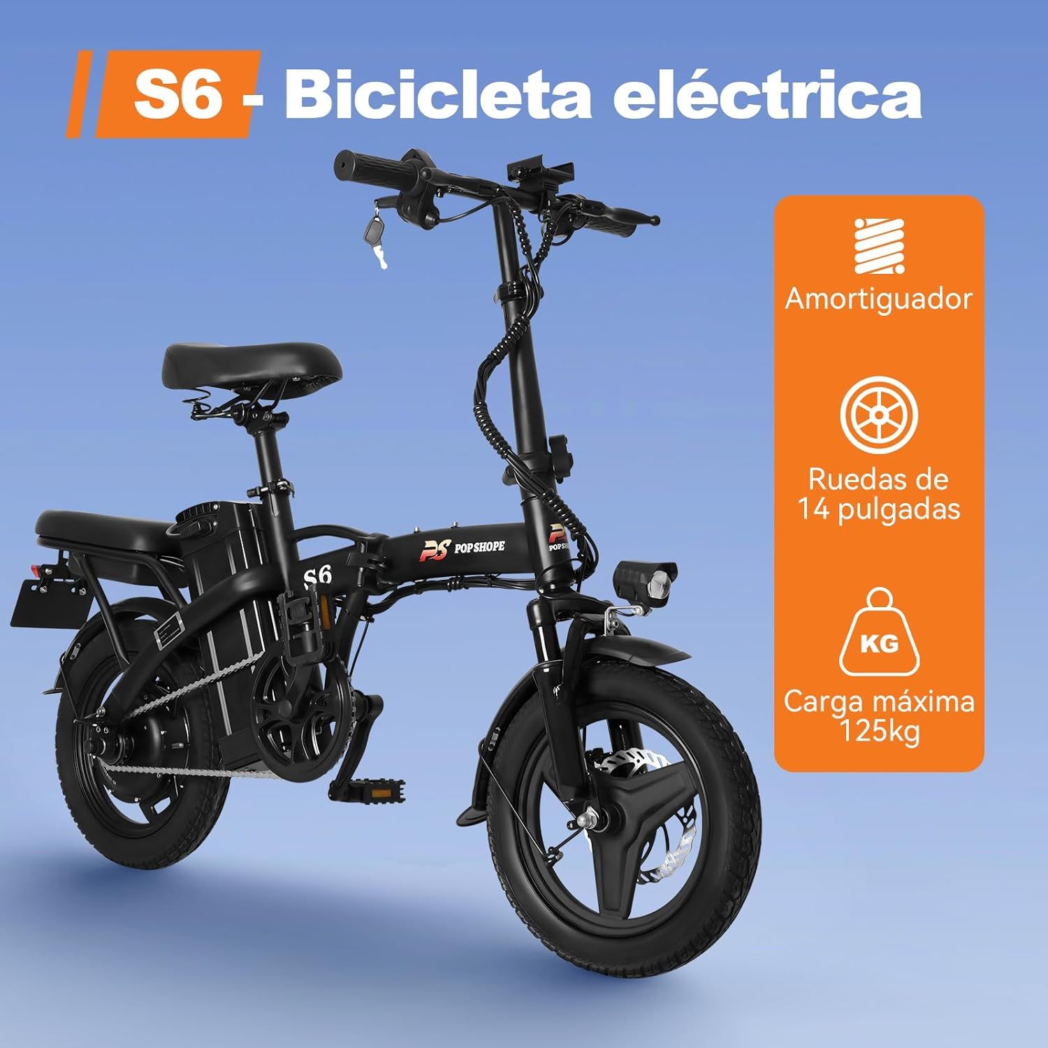 Pop Shope S6 Bicicleta Eléctrica Plegable para Adultos, Velocidad Máxima 35KM/H, Potencia Máxima del Motor 750W, Autonomía 35KM, Batería 48V/10.4AH